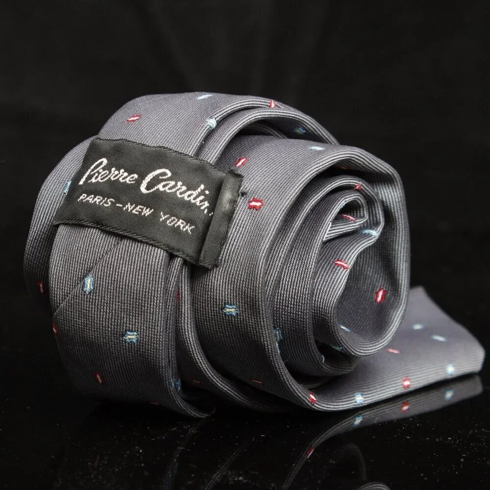 Vintage Pierre Cardin Mens Tie Gray With Red & Blue Abstract Pattern